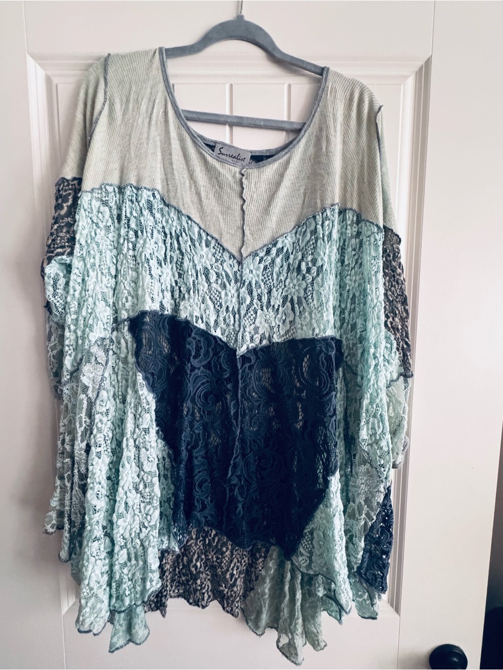 Sundance Mint & Black Lace Panel Boho Blouse